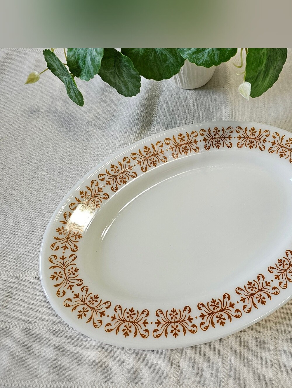 Vintage Pyrex White Oval Platter - Copper Filigree Patrern